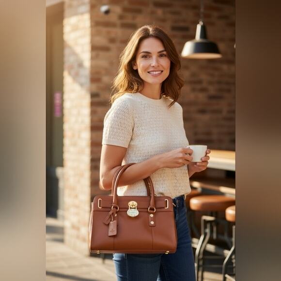 Emma Fox Leather Designer Purse  BROWN w GOLD Chain Strap Fancy Business $200 - Picture 3 of 16
